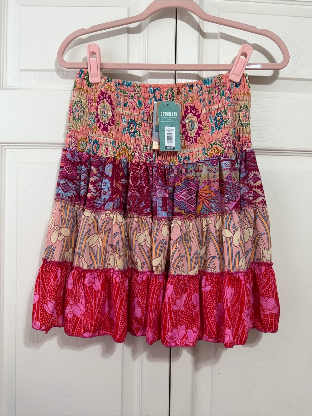 Boundless Pink Patchwork Tiered Mini Skirt with Smocked Waist